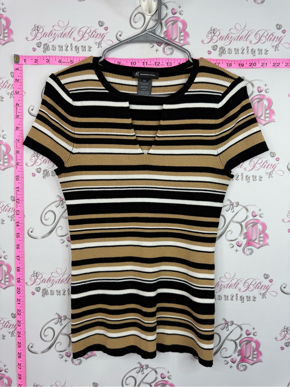 INC International Concepts Striped Short Sleeve Top in Black, Tan & White